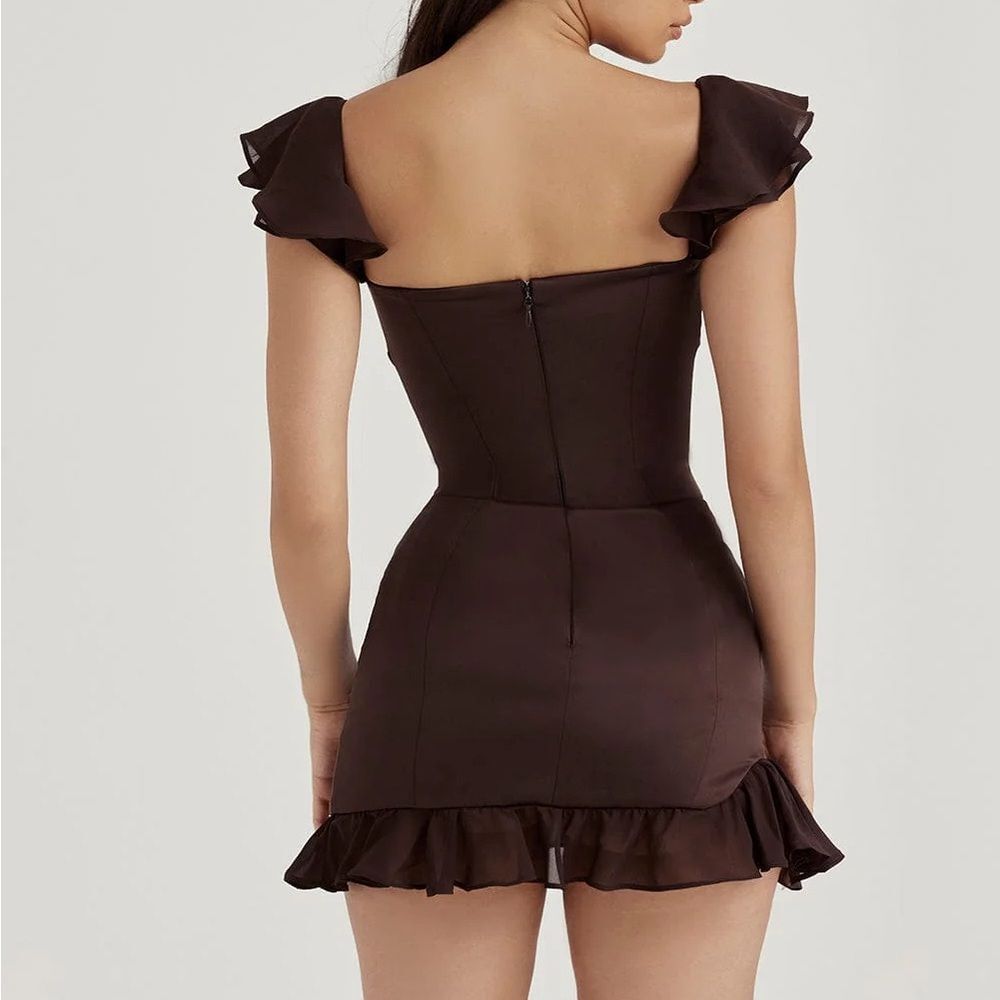 House of CB Corset Ruffle Mini Dress XS - Espresso Brown - Picture 3 of 6